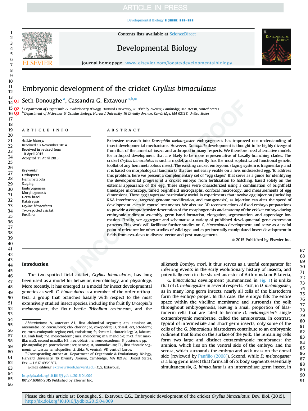 Embryonic development of the cricket Gryllus bimaculatus