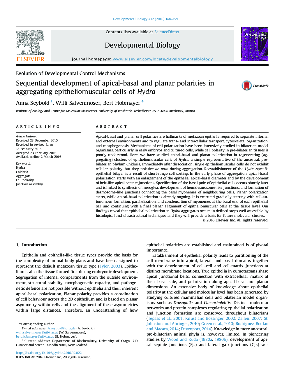 Sequential development of apical-basal and planar polarities in aggregating epitheliomuscular cells of Hydra