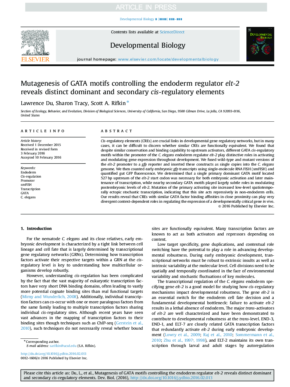 Mutagenesis of GATA motifs controlling the endoderm regulator elt-2 reveals distinct dominant and secondary cis-regulatory elements