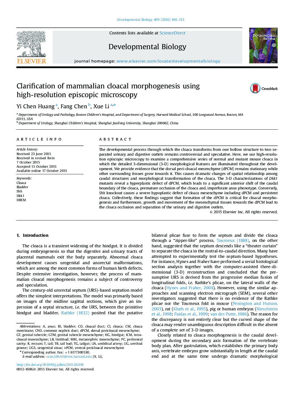 Clarification of mammalian cloacal morphogenesis using high-resolution episcopic microscopy