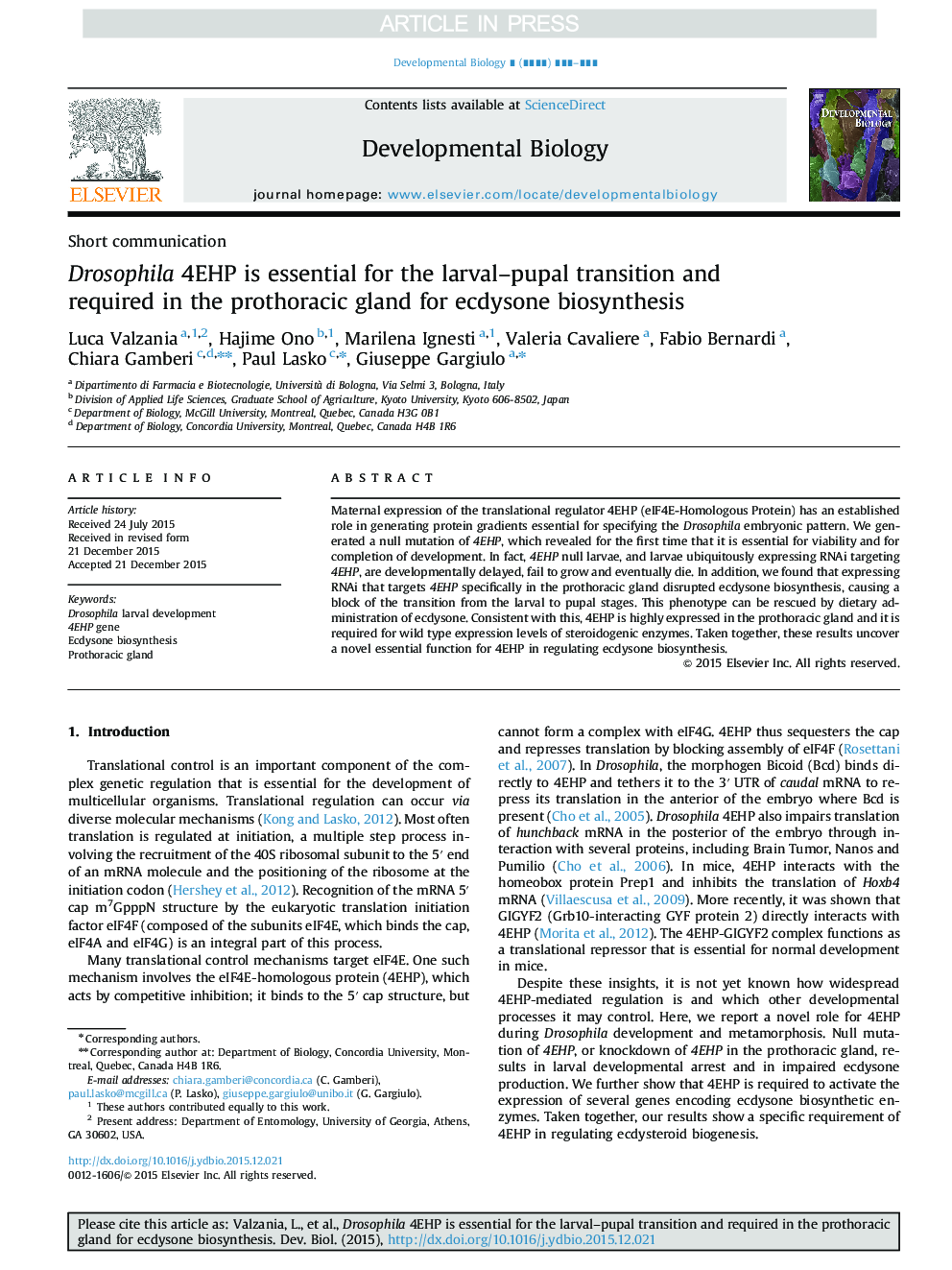 Drosophila 4EHP is essential for the larval-pupal transition and required in the prothoracic gland for ecdysone biosynthesis