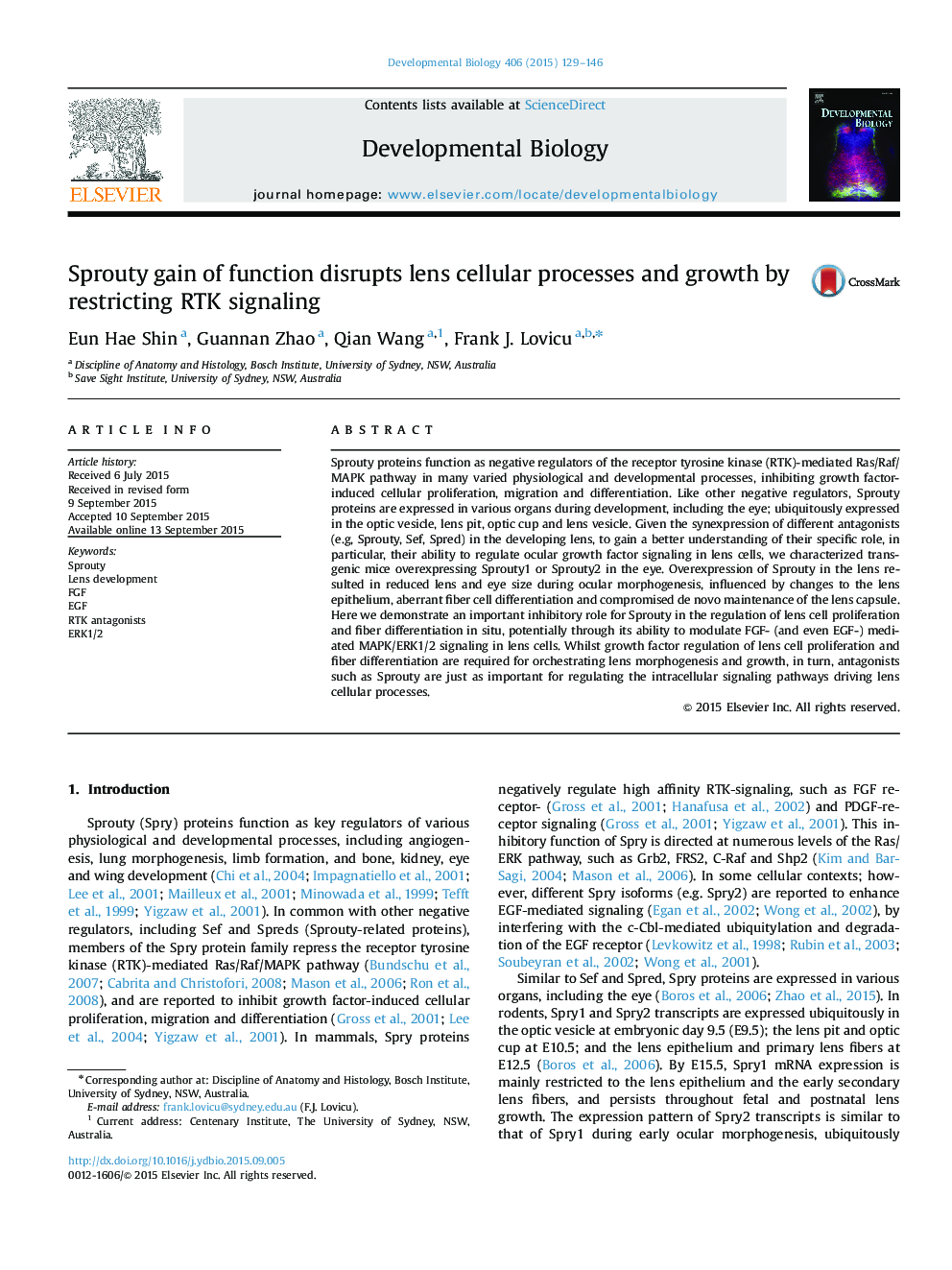 Sprouty gain of function disrupts lens cellular processes and growth by restricting RTK signaling