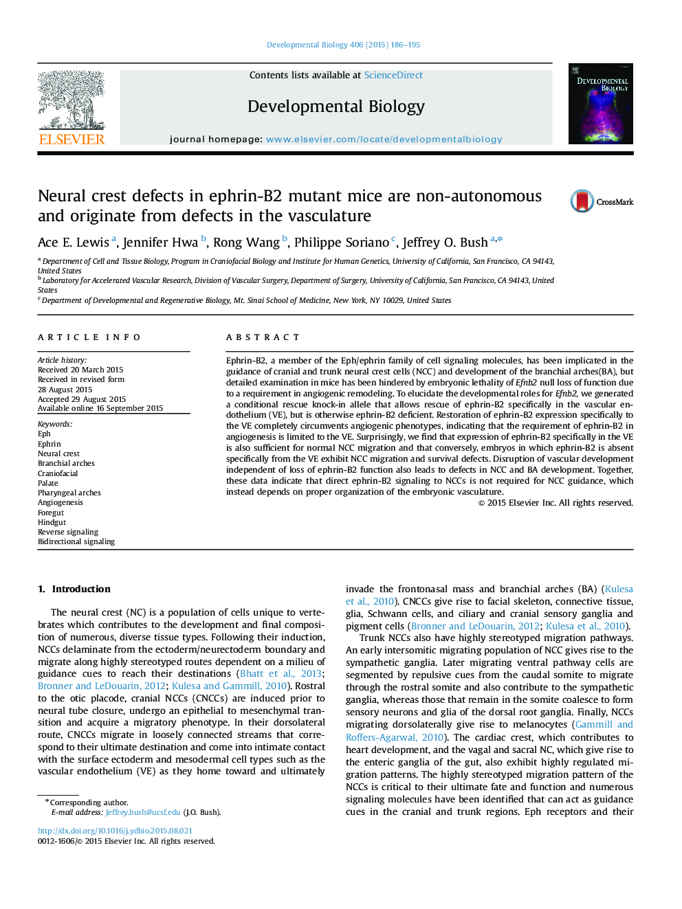 Neural crest defects in ephrin-B2 mutant mice are non-autonomous and originate from defects in the vasculature