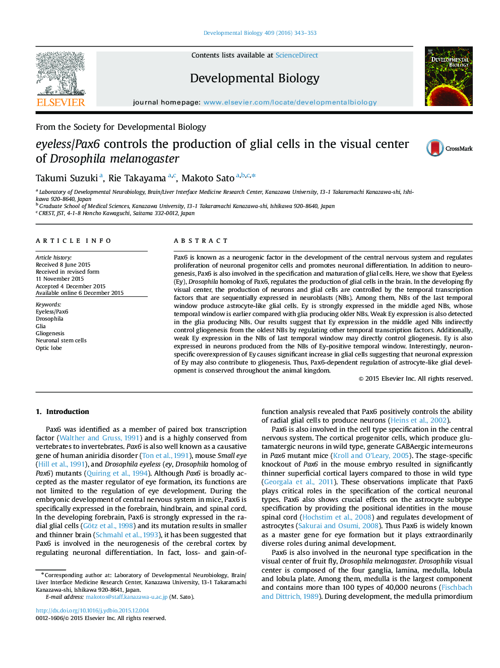 eyeless/Pax6 controls the production of glial cells in the visual center of Drosophila melanogaster