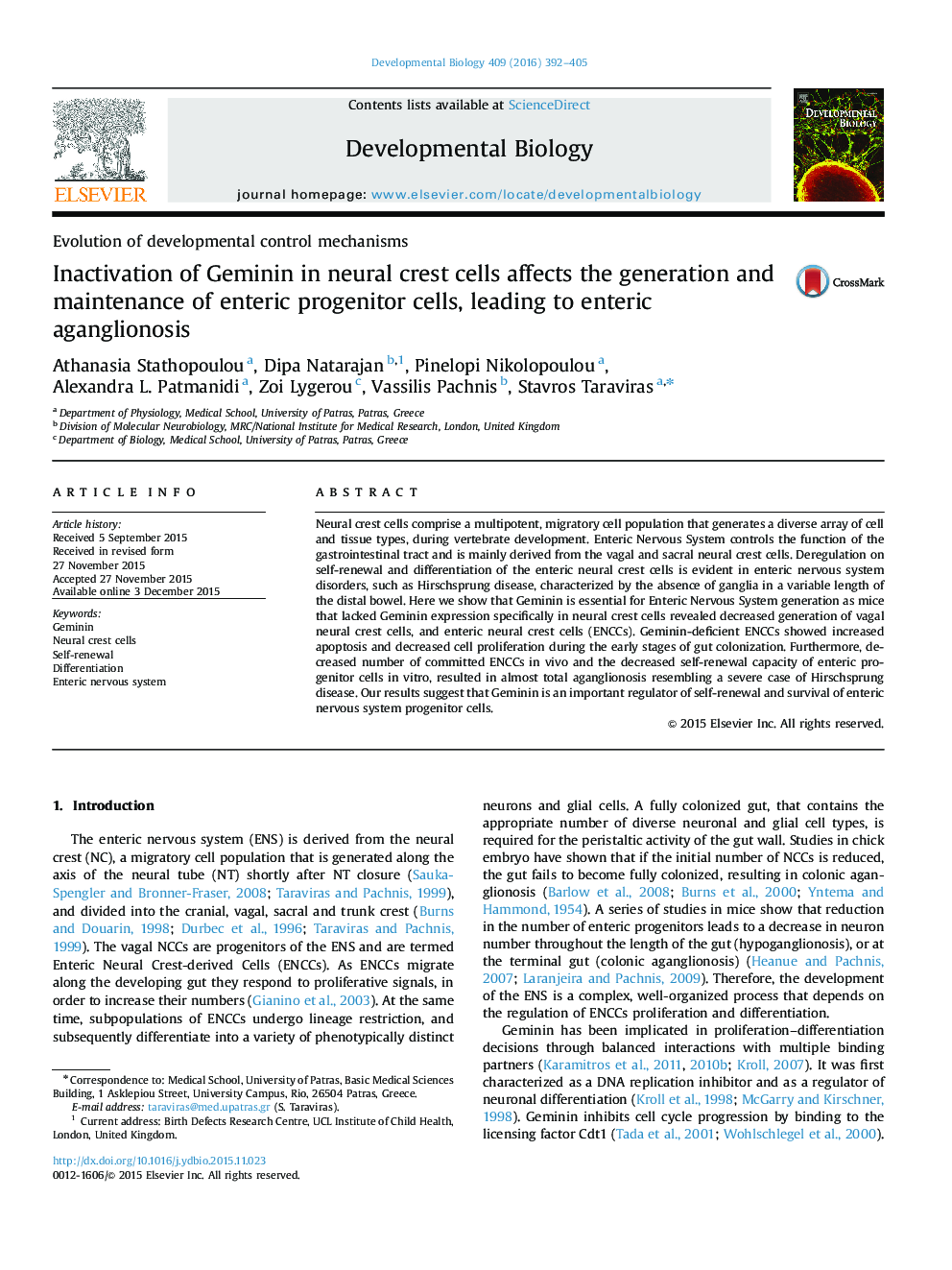 Inactivation of Geminin in neural crest cells affects the generation and maintenance of enteric progenitor cells, leading to enteric aganglionosis