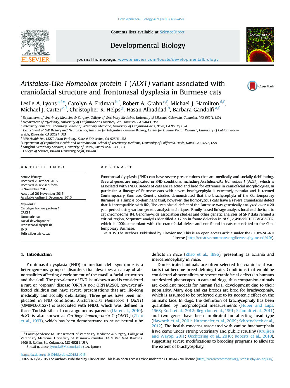 Aristaless-Like Homeobox protein 1 (ALX1) variant associated with craniofacial structure and frontonasal dysplasia in Burmese cats