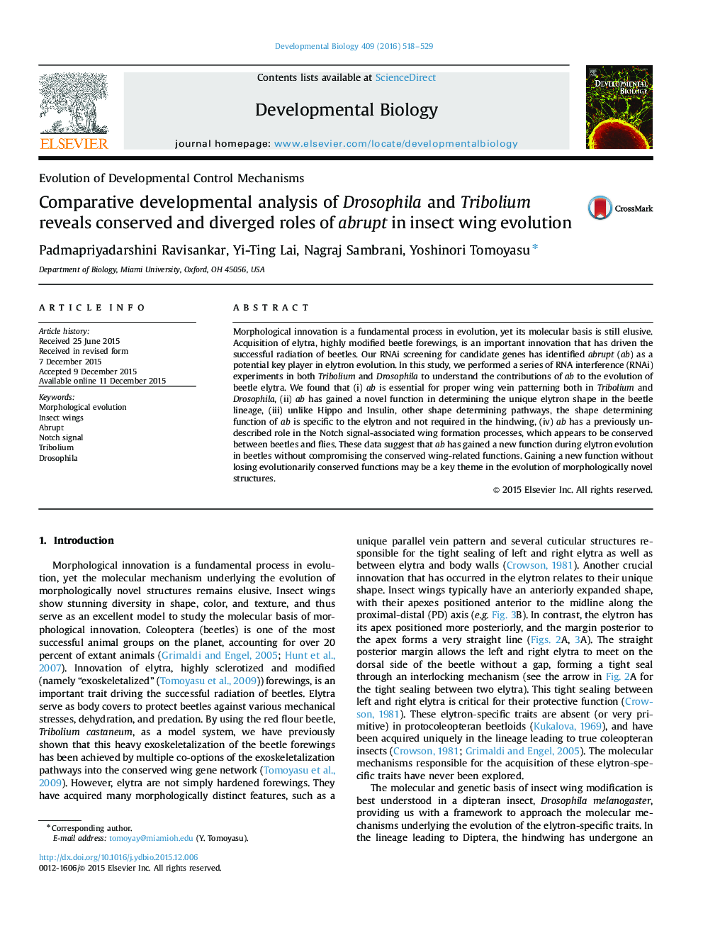 Comparative developmental analysis of Drosophila and Tribolium reveals conserved and diverged roles of abrupt in insect wing evolution