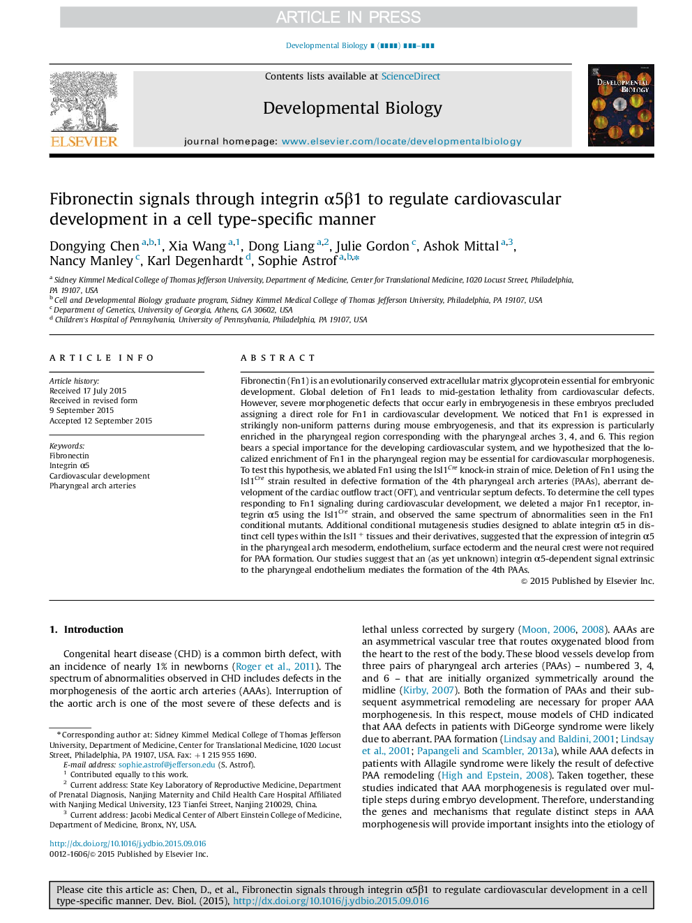 Fibronectin signals through integrin Î±5Î²1 to regulate cardiovascular development in a cell type-specific manner