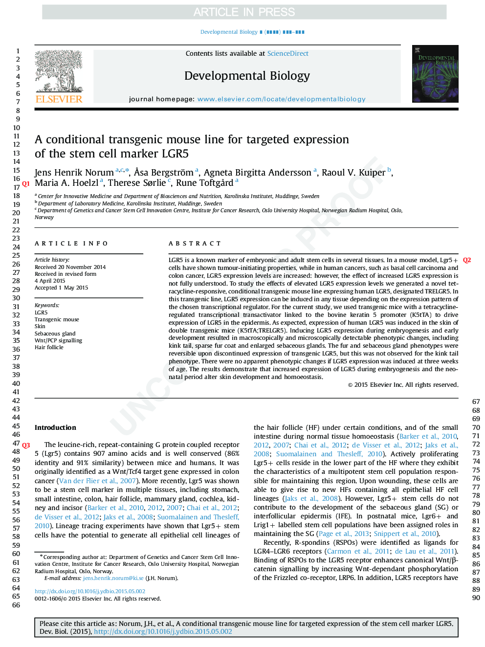 A conditional transgenic mouse line for targeted expression of the stem cell marker LGR5