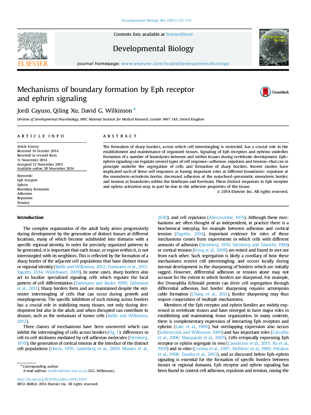 عکس صفحه اول مقاله: Mechanisms of boundary formation by Eph receptor and ephrin signaling Mechanisms of boundary formation by Eph receptor and ephrin signaling