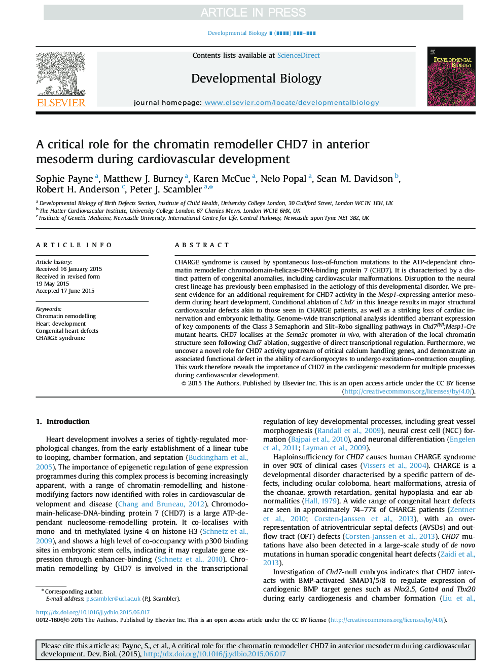 A critical role for the chromatin remodeller CHD7 in anterior mesoderm during cardiovascular development