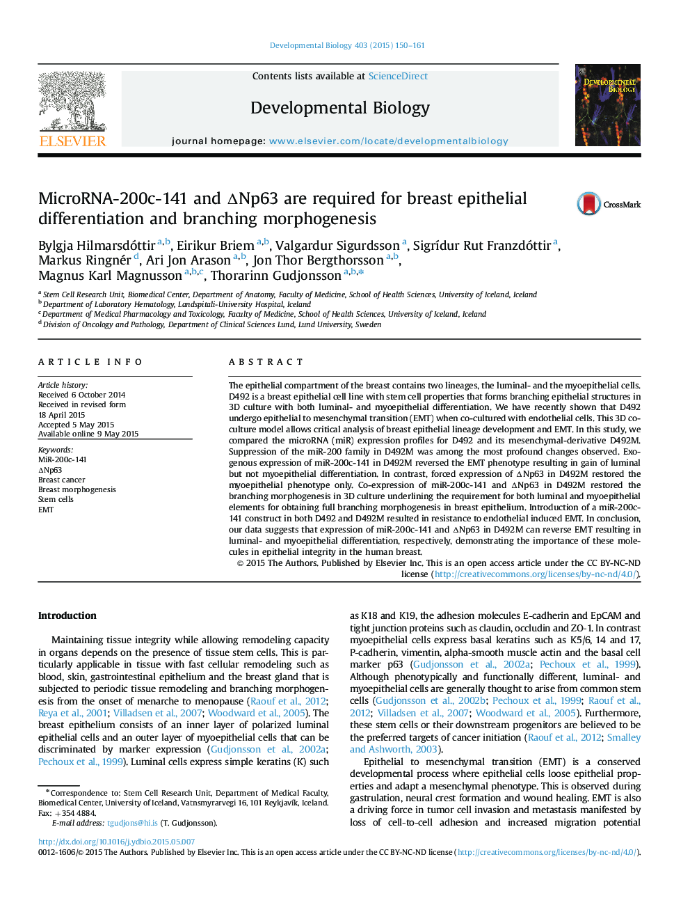 MicroRNA-200c-141 and âNp63 are required for breast epithelial differentiation and branching morphogenesis