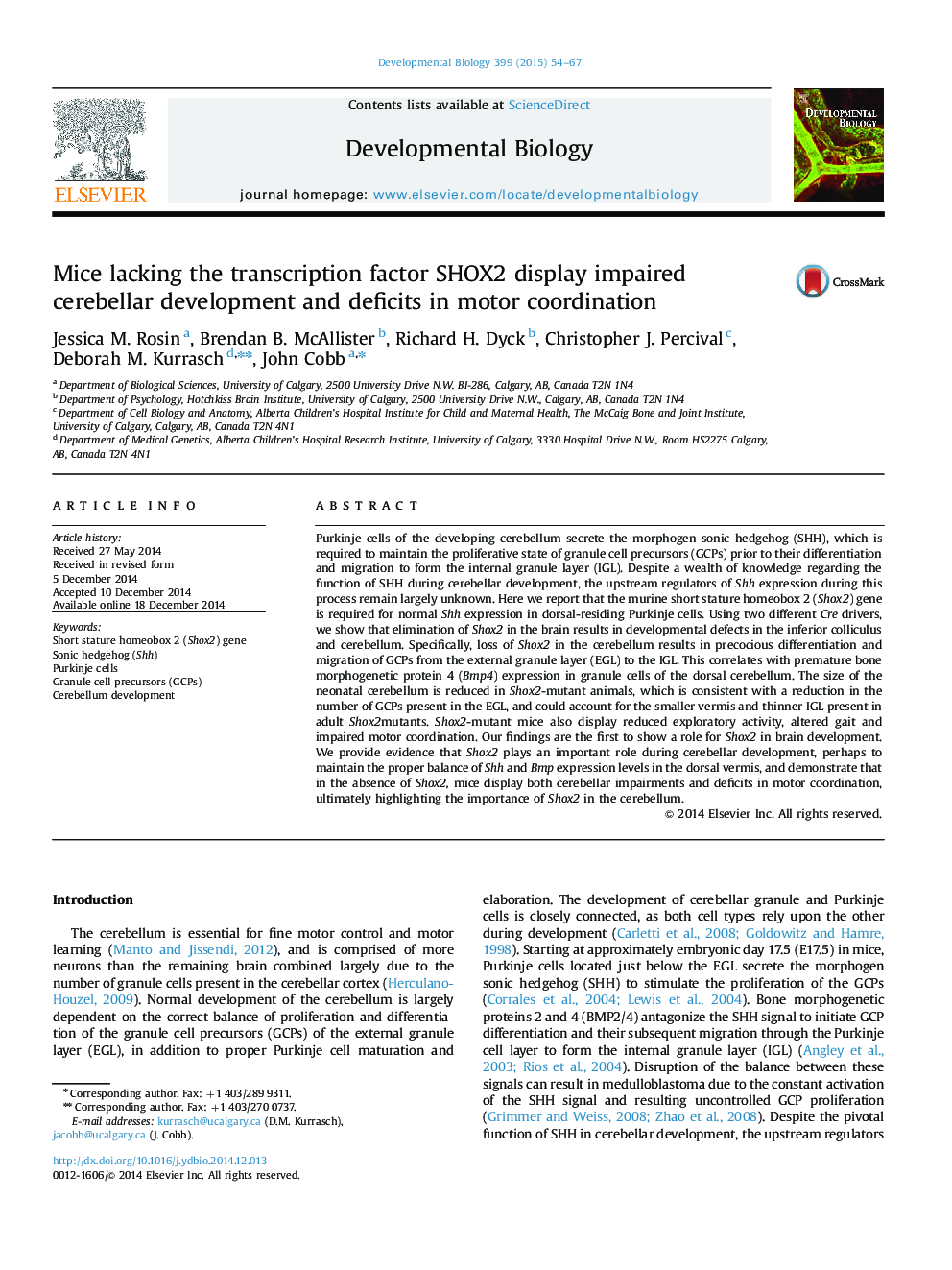 Mice lacking the transcription factor SHOX2 display impaired cerebellar development and deficits in motor coordination