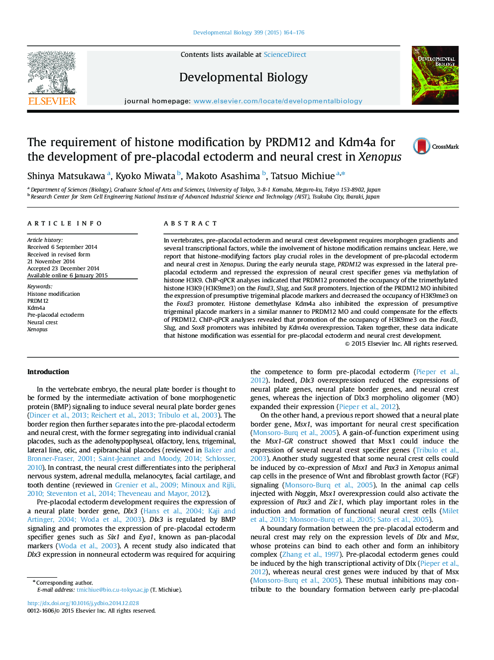 The requirement of histone modification by PRDM12 and Kdm4a for the development of pre-placodal ectoderm and neural crest in Xenopus