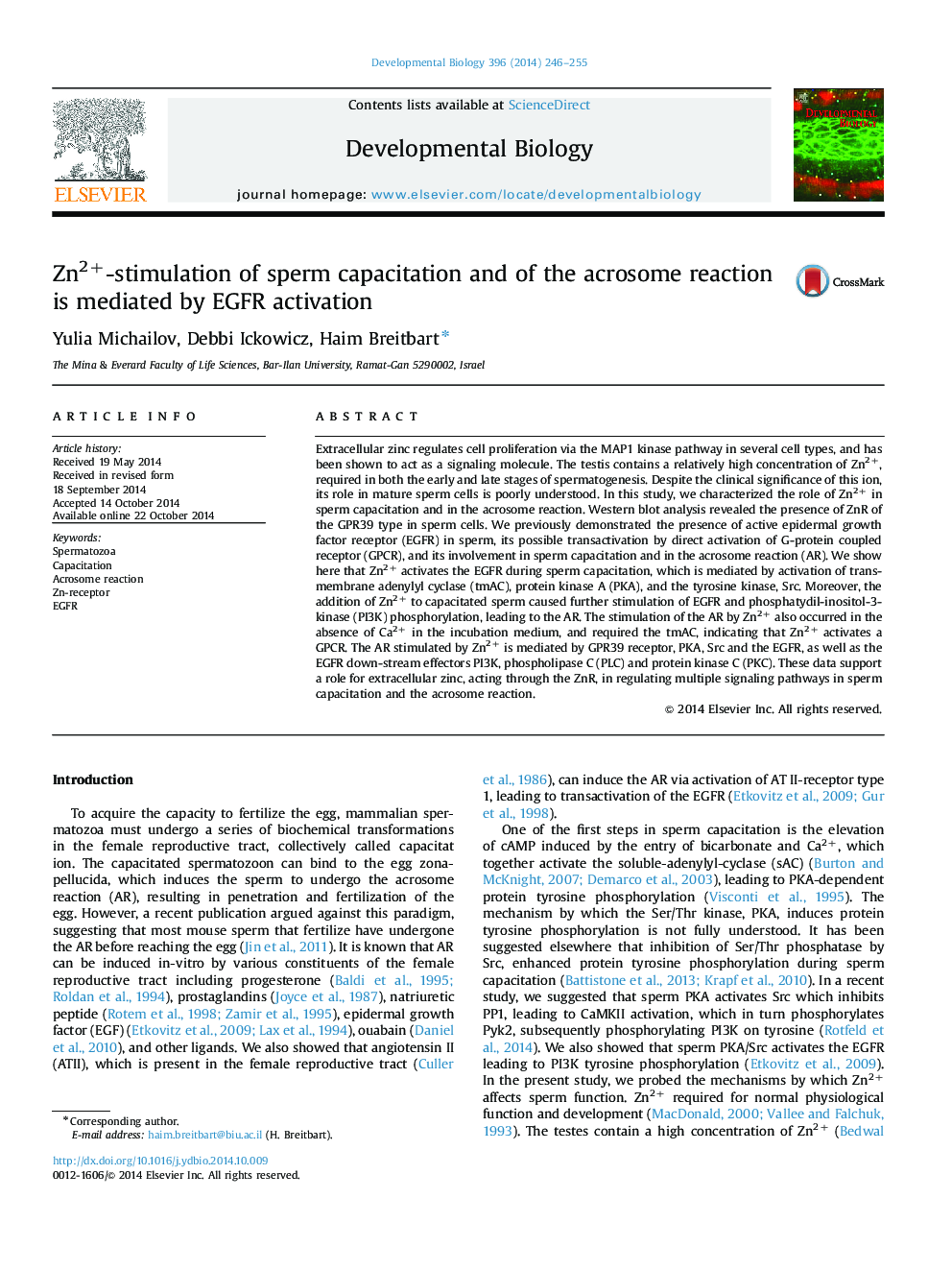 Zn2+-stimulation of sperm capacitation and of the acrosome reaction is mediated by EGFR activation