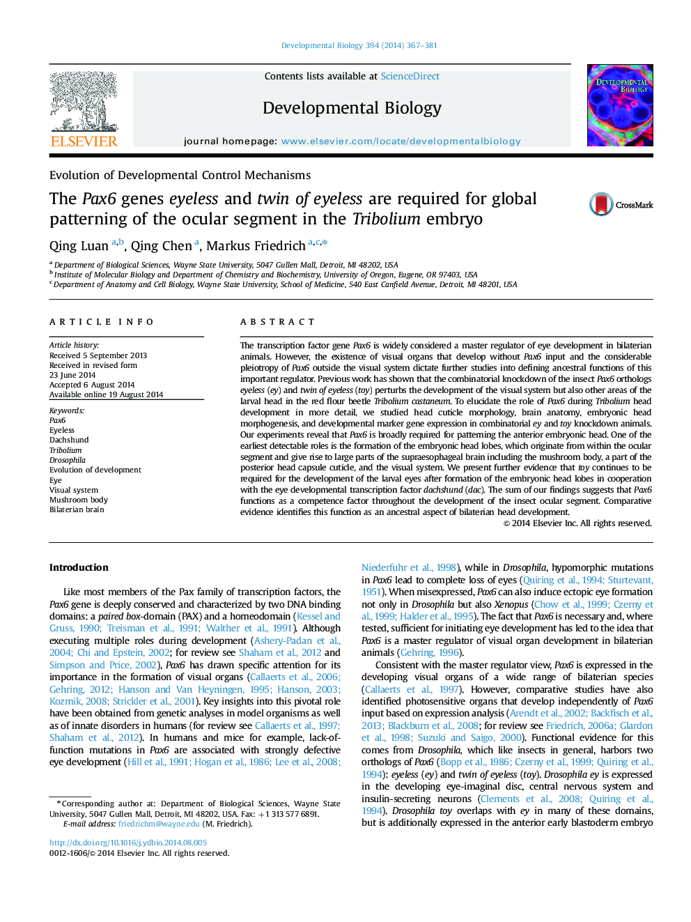 The Pax6 genes eyeless and twin of eyeless are required for global patterning of the ocular segment in the Tribolium embryo