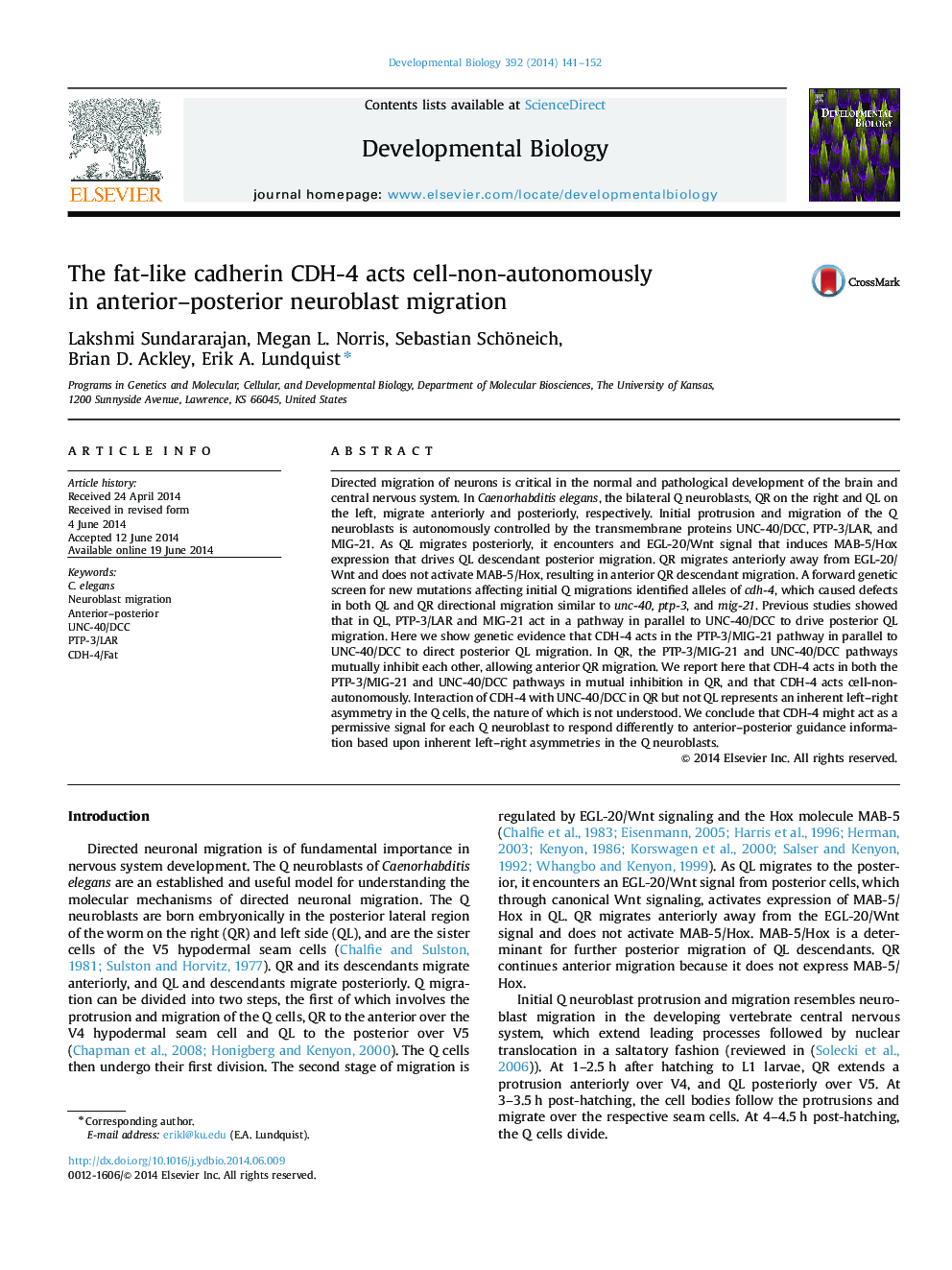 The fat-like cadherin CDH-4 acts cell-non-autonomously in anterior-posterior neuroblast migration