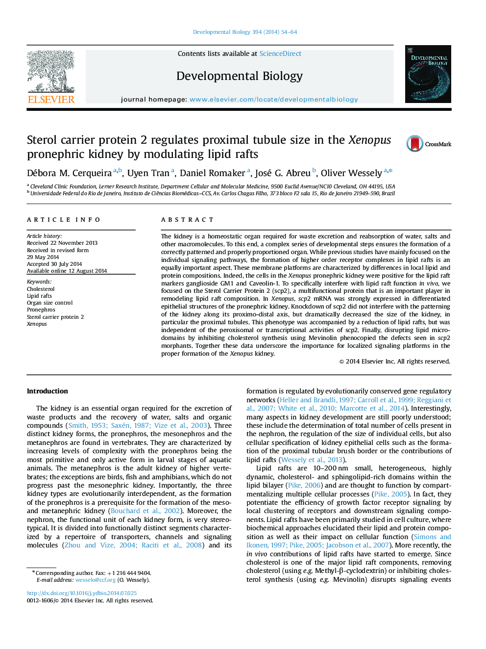 عکس صفحه اول مقاله: Sterol carrier protein 2 regulates proximal tubule size in the Xenopus pronephric kidney by modulating lipid rafts Sterol carrier protein 2 regulates proximal tubule size in the Xenopus pronephric kidney by modulating lipid rafts