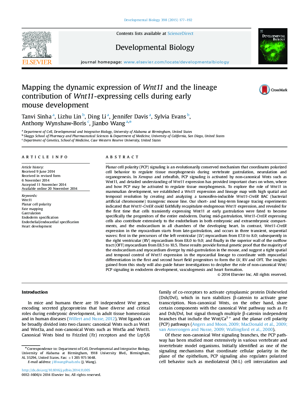 Mapping the dynamic expression of Wnt11 and the lineage contribution of Wnt11-expressing cells during early mouse development