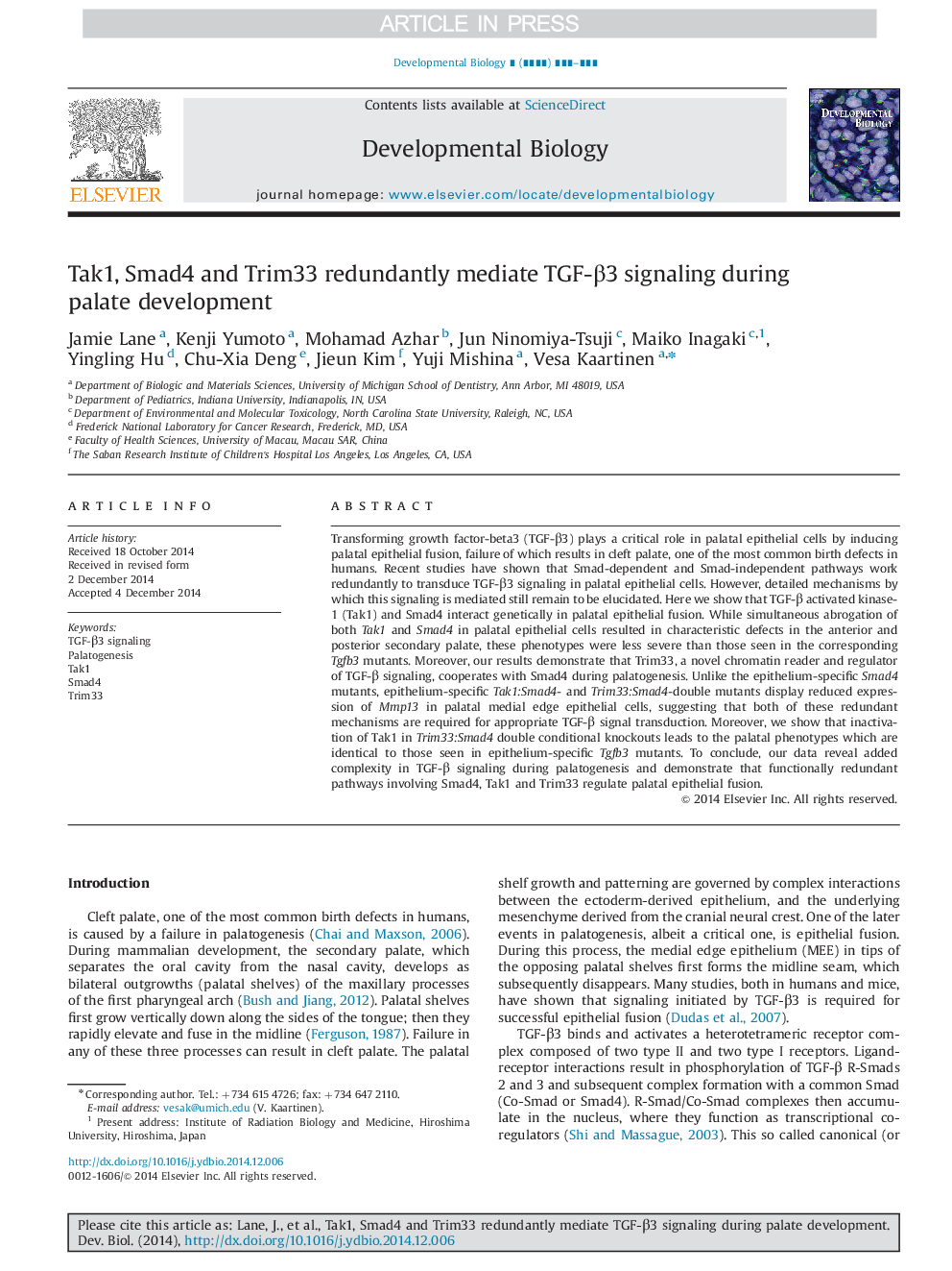 Tak1, Smad4 and Trim33 redundantly mediate TGF-Î²3 signaling during palate development