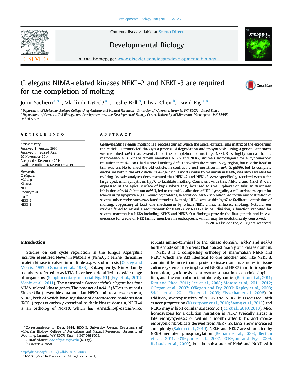 C. elegans NIMA-related kinases NEKL-2 and NEKL-3 are required for the completion of molting