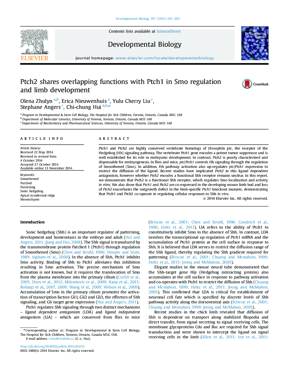 Ptch2 shares overlapping functions with Ptch1 in Smo regulation and limb development