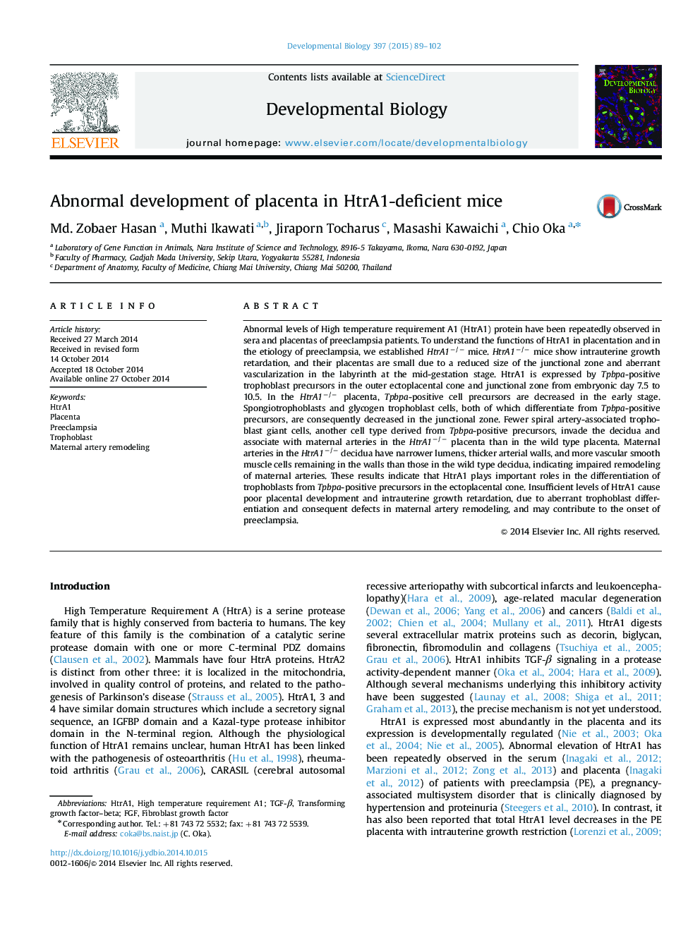 Abnormal development of placenta in HtrA1-deficient mice