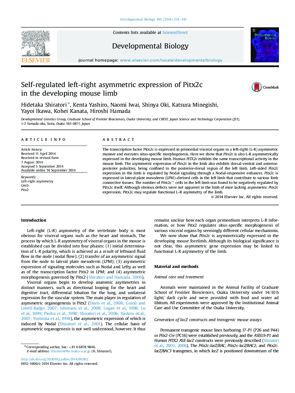 Self-regulated left-right asymmetric expression of Pitx2c in the developing mouse limb