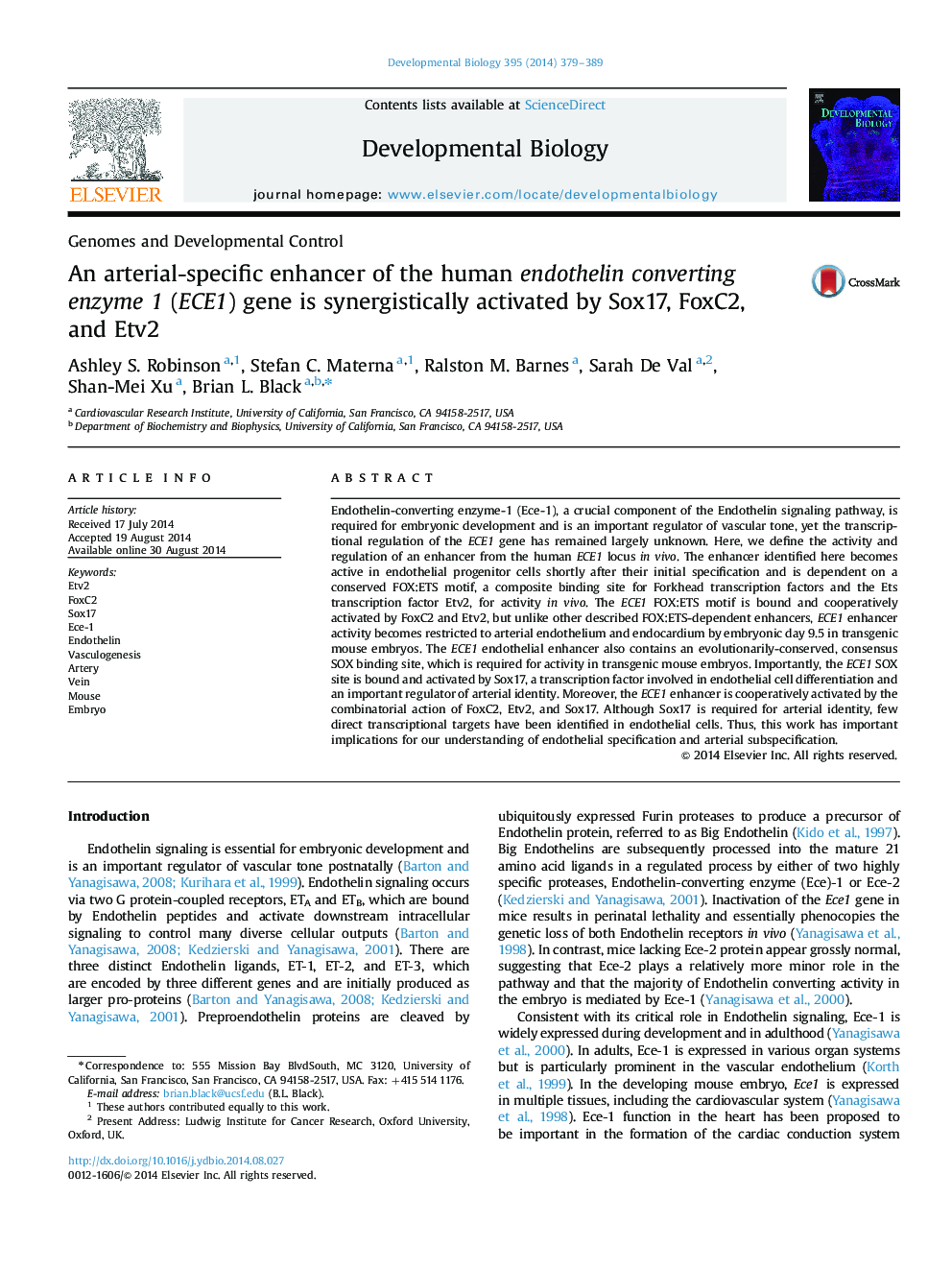 An arterial-specific enhancer of the human endothelin converting enzyme1 (ECE1) gene is synergistically activated by Sox17, FoxC2, and Etv2