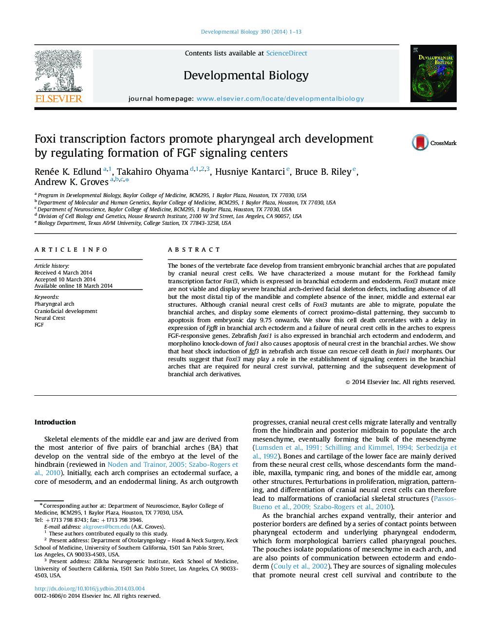 Foxi transcription factors promote pharyngeal arch development by regulating formation of FGF signaling centers