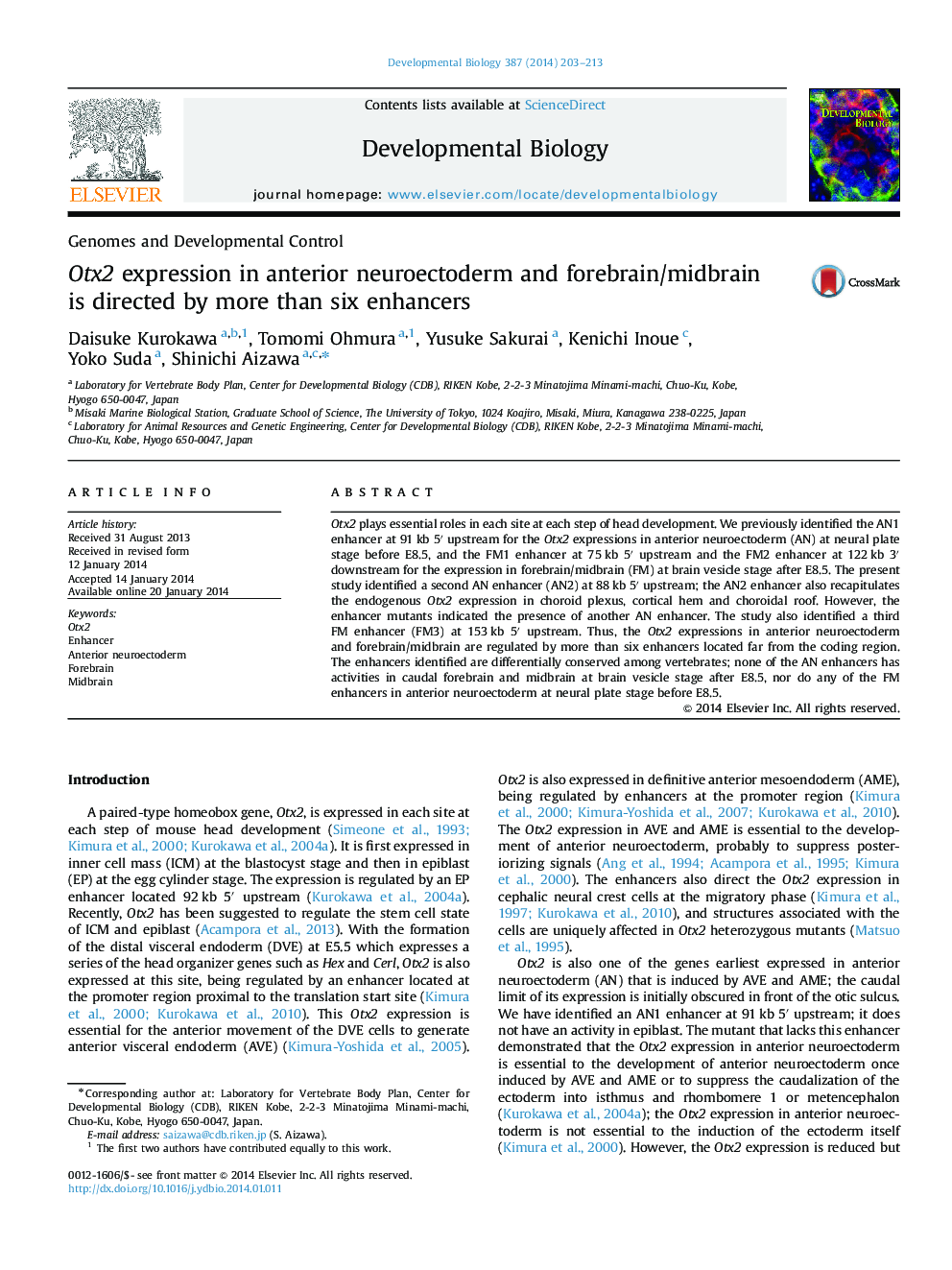 Otx2 expression in anterior neuroectoderm and forebrain/midbrain is directed by more than six enhancers