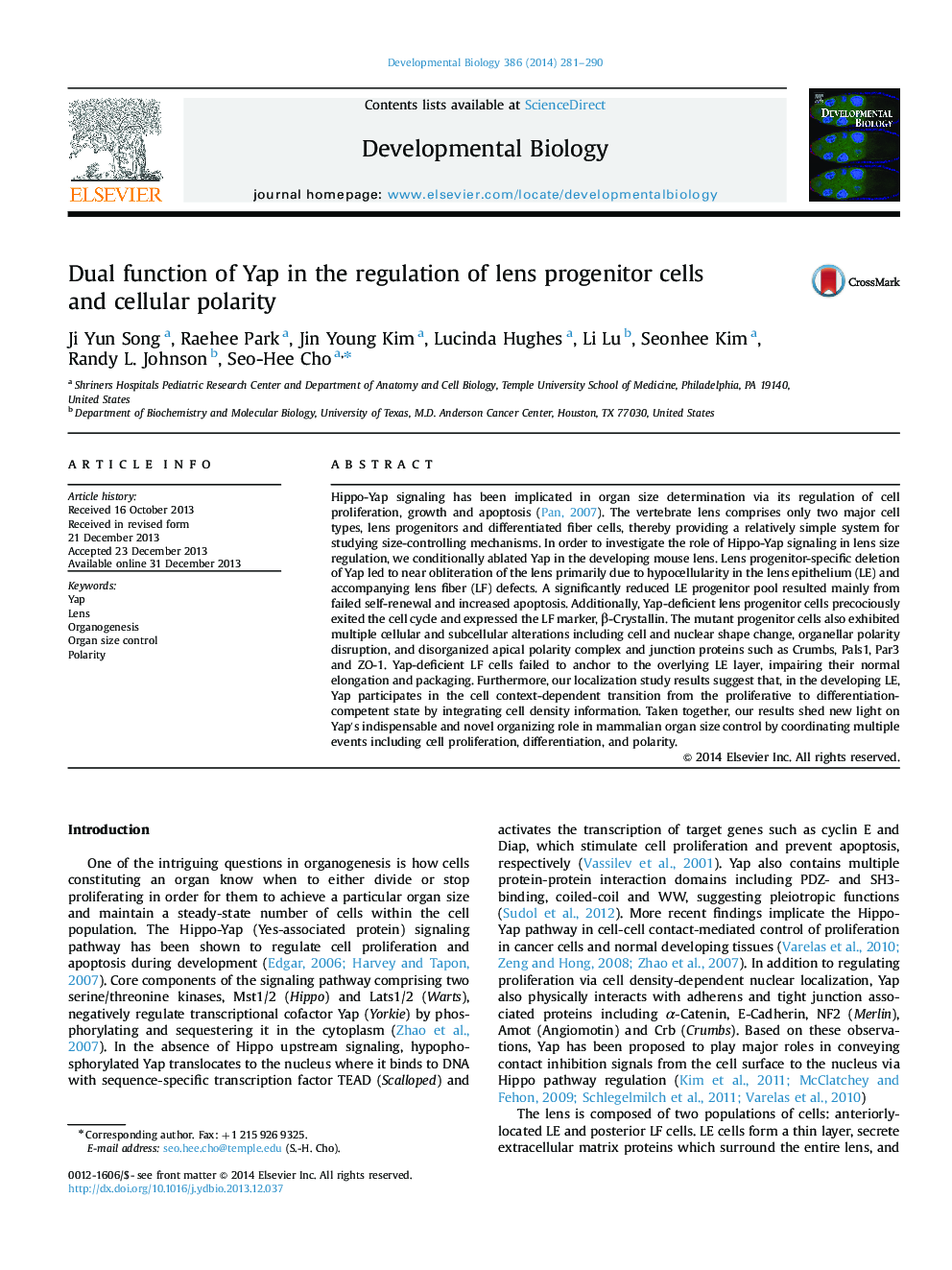 Dual function of Yap in the regulation of lens progenitor cells and cellular polarity