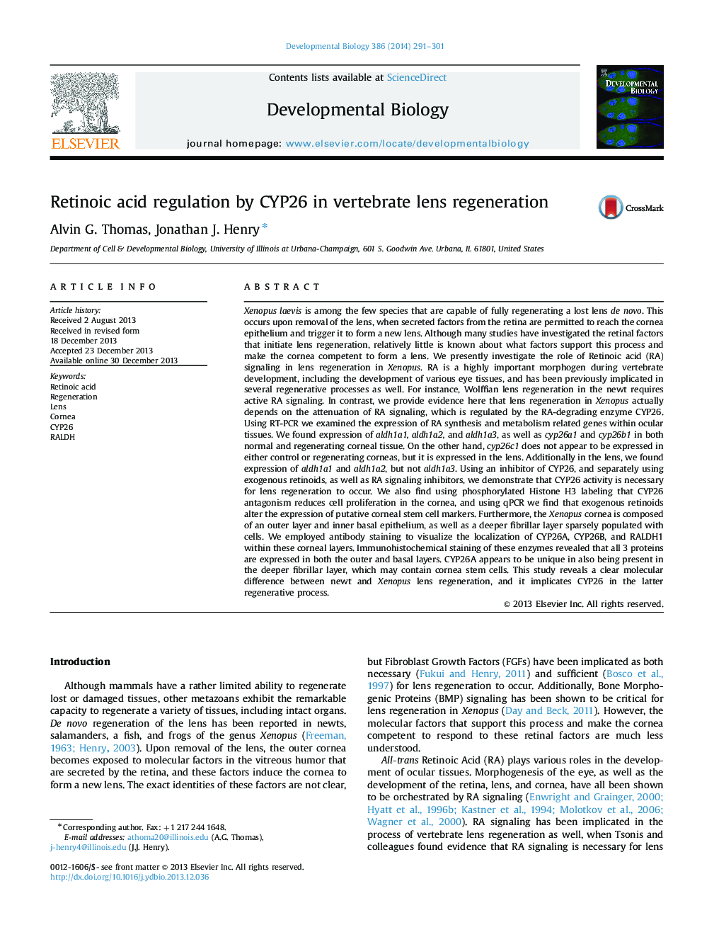 Retinoic acid regulation by CYP26 in vertebrate lens regeneration