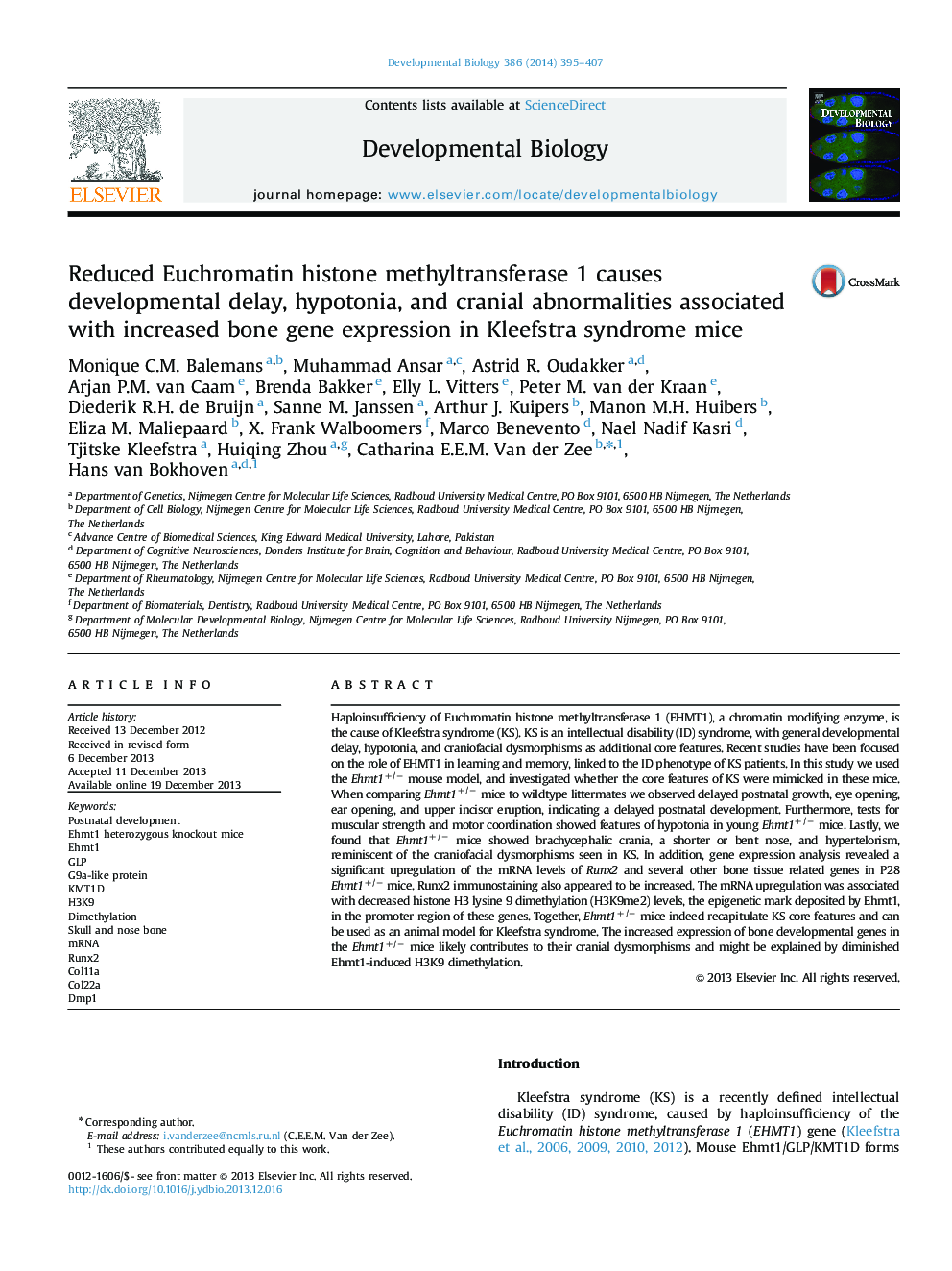 Reduced Euchromatin histone methyltransferase 1 causes developmental delay, hypotonia, and cranial abnormalities associated with increased bone gene expression in Kleefstra syndrome mice