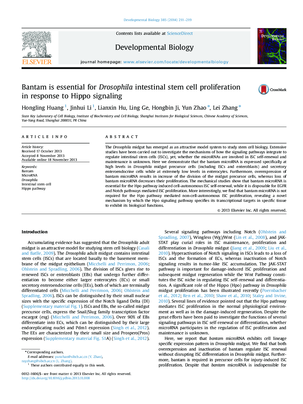 Bantam is essential for Drosophila intestinal stem cell proliferation in response to Hippo signaling