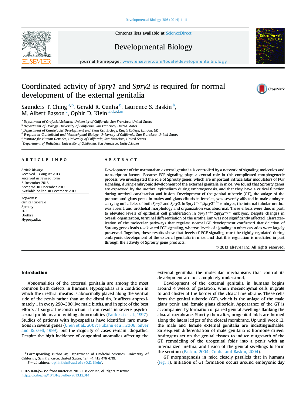 Coordinated activity of Spry1 and Spry2 is required for normal development of the external genitalia