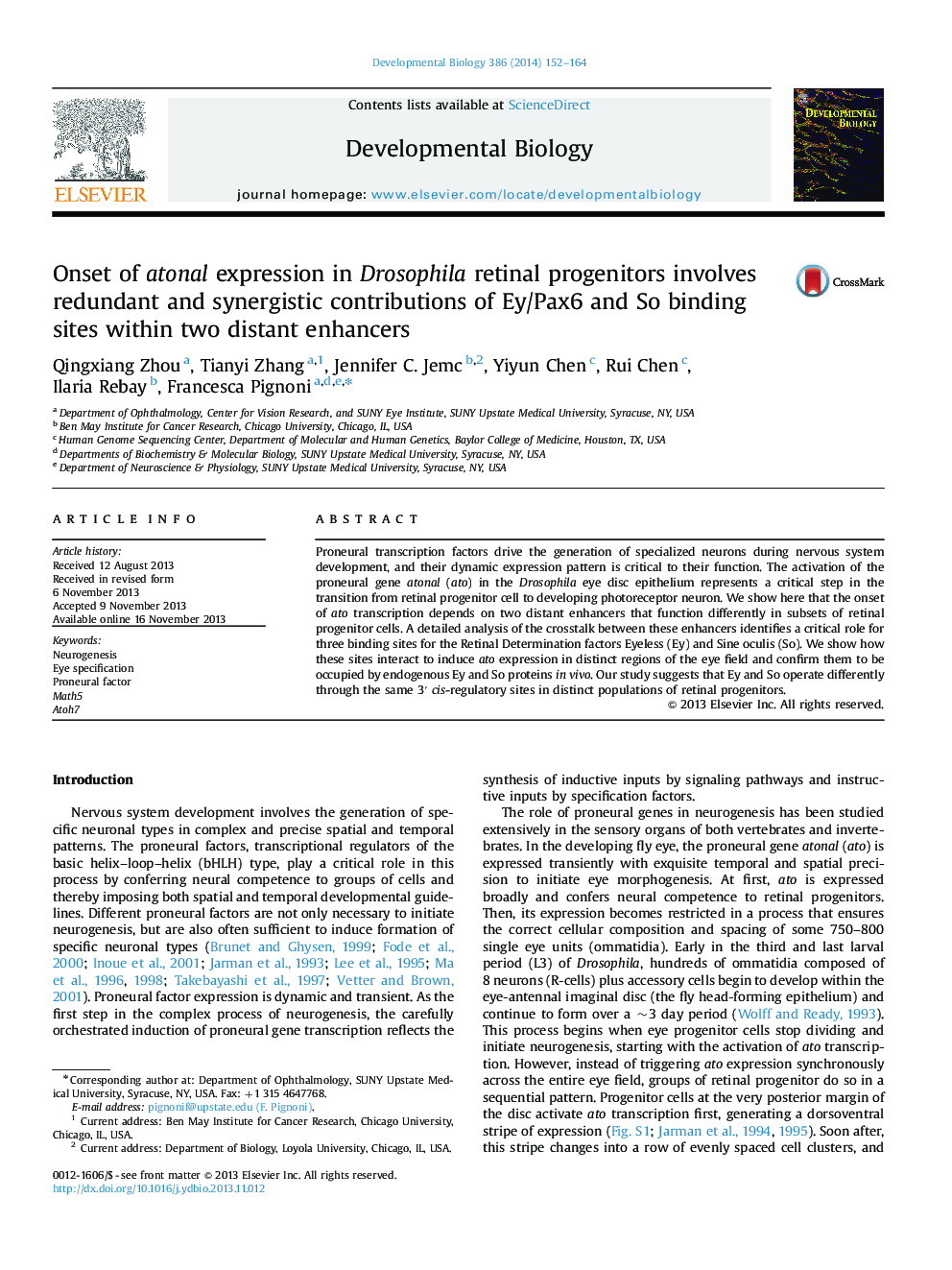 Onset of atonal expression in Drosophila retinal progenitors involves redundant and synergistic contributions of Ey/Pax6 and So binding sites within two distant enhancers