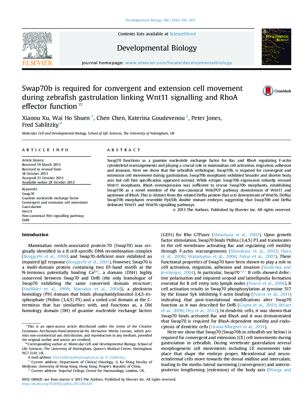عکس صفحه اول مقاله: RETRACTED: Swap70b is required for convergent and extension cell movement during zebrafish gastrulation linking Wnt11 signalling and RhoA effector function RETRACTED: Swap70b is required for convergent and extension cell movement during zebrafish gastrulation linking Wnt11 signalling and RhoA effector function