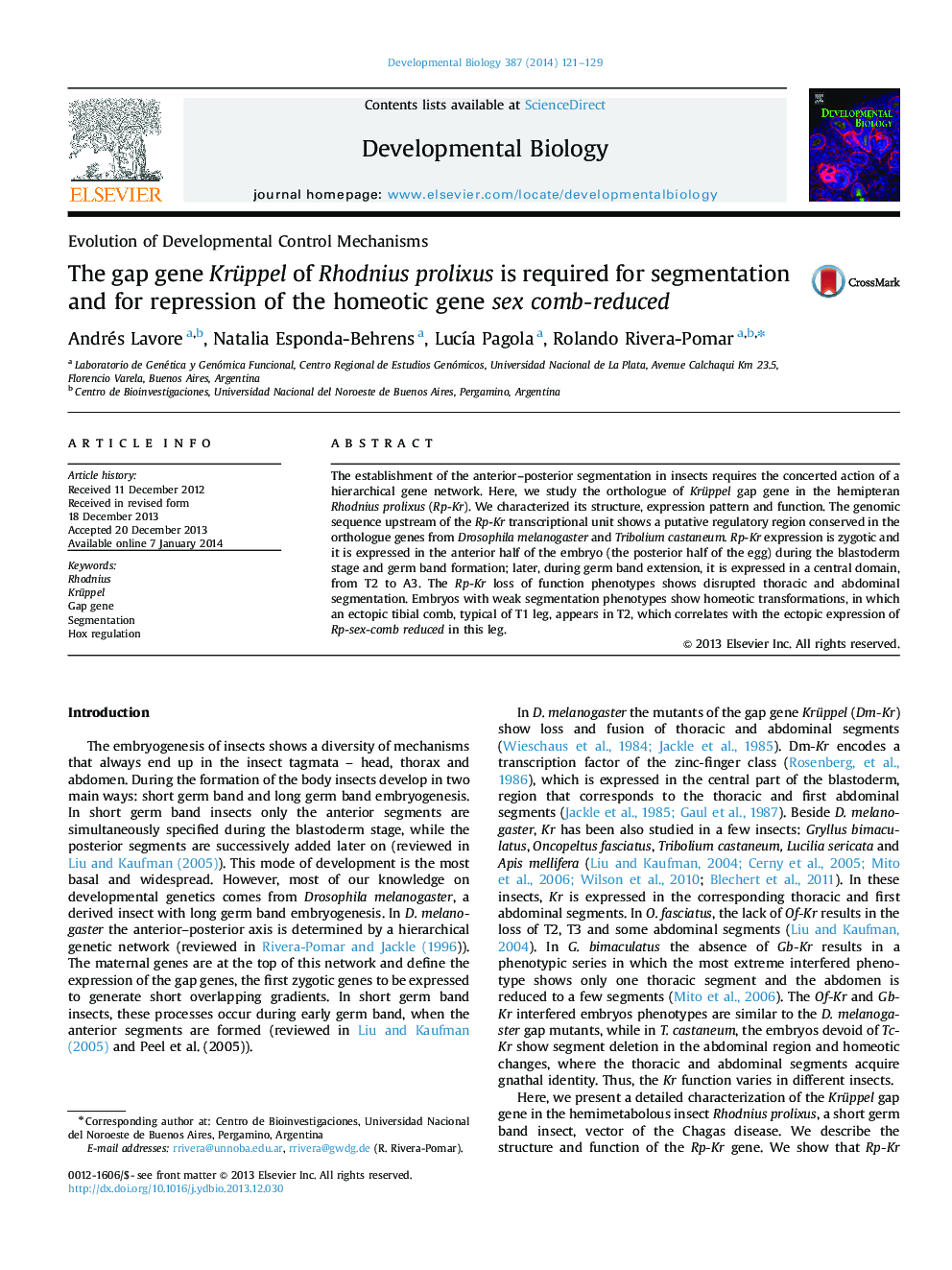 The gap gene Krüppel of Rhodnius prolixus is required for segmentation and for repression of the homeotic gene sex comb-reduced