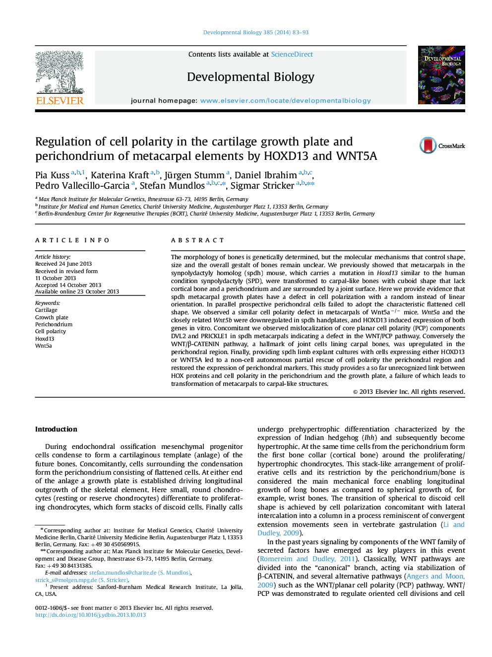 Regulation of cell polarity in the cartilage growth plate and perichondrium of metacarpal elements by HOXD13 and WNT5A