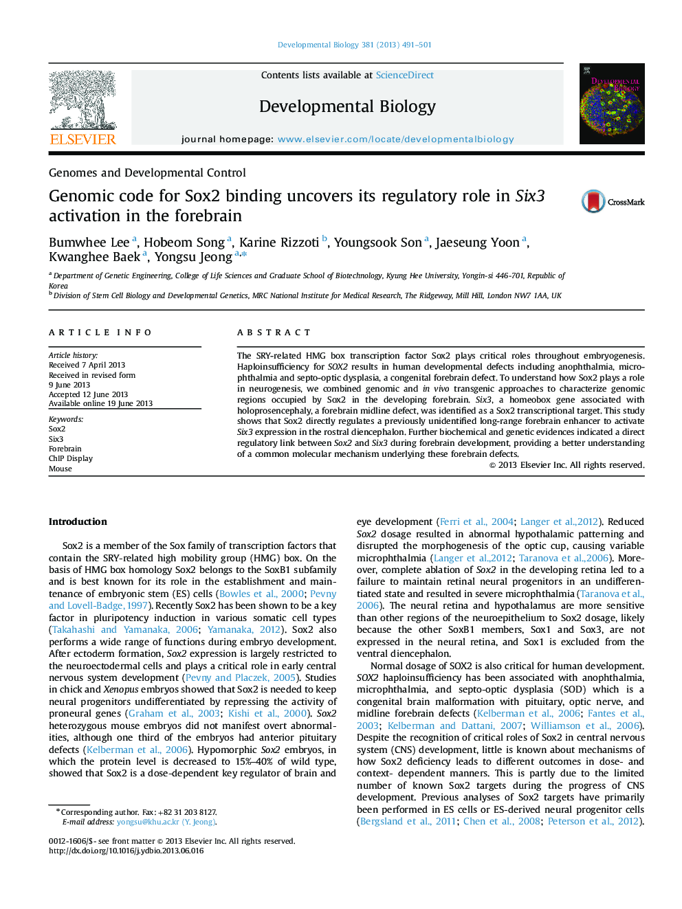 Genomic code for Sox2 binding uncovers its regulatory role in Six3 activation in the forebrain