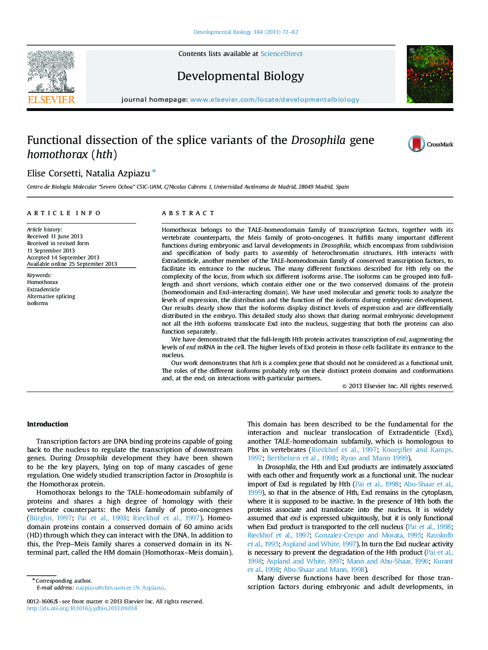 Functional dissection of the splice variants of the Drosophila gene homothorax (hth)