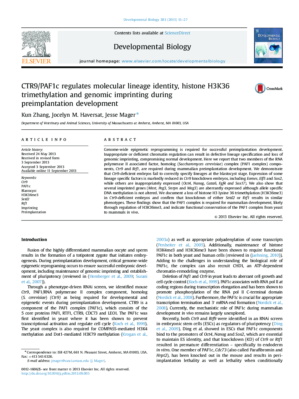 CTR9/PAF1c regulates molecular lineage identity, histone H3K36 trimethylation and genomic imprinting during preimplantation development