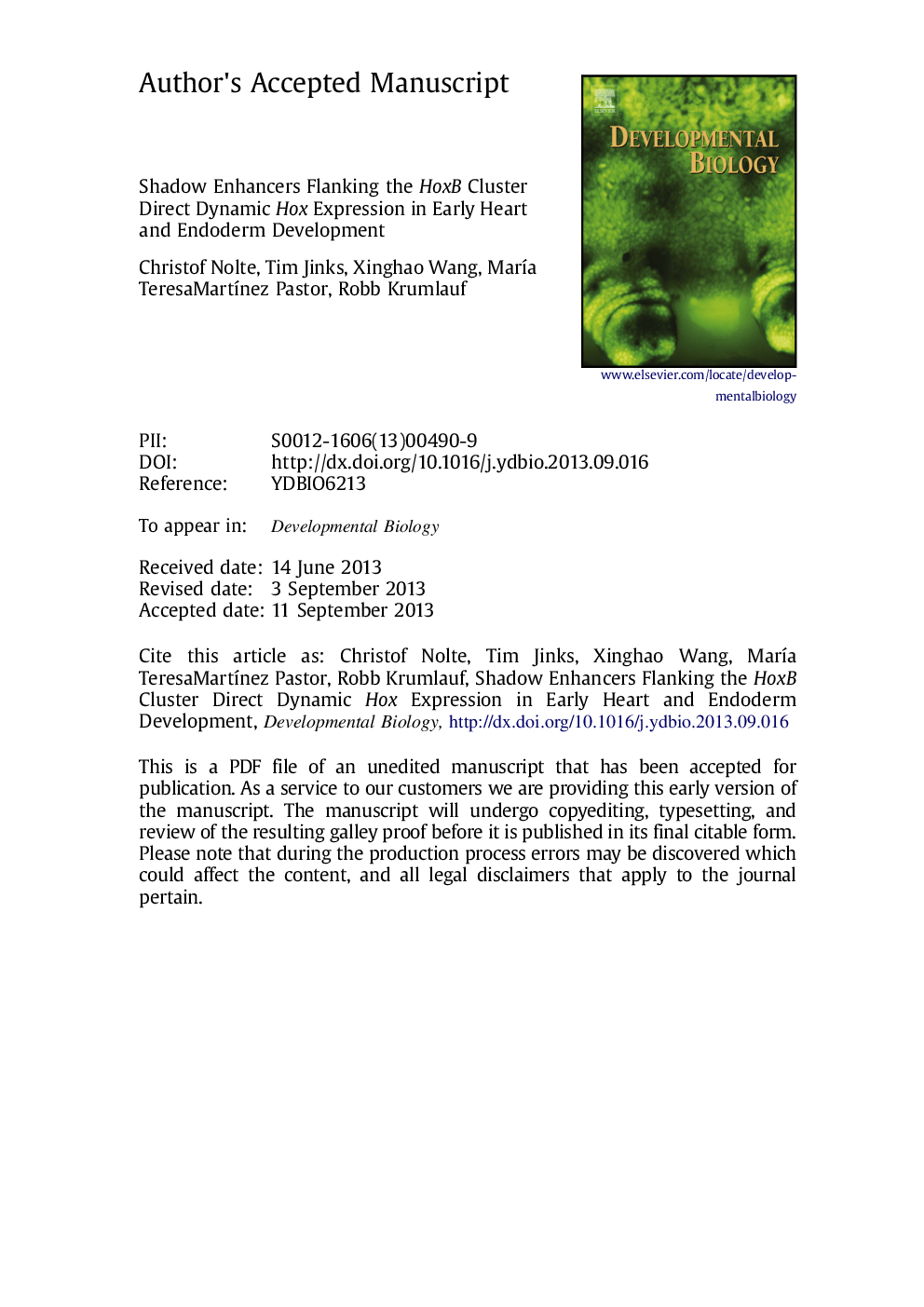 Shadow enhancers flanking the HoxB cluster direct dynamic Hox expression in early heart and endoderm development