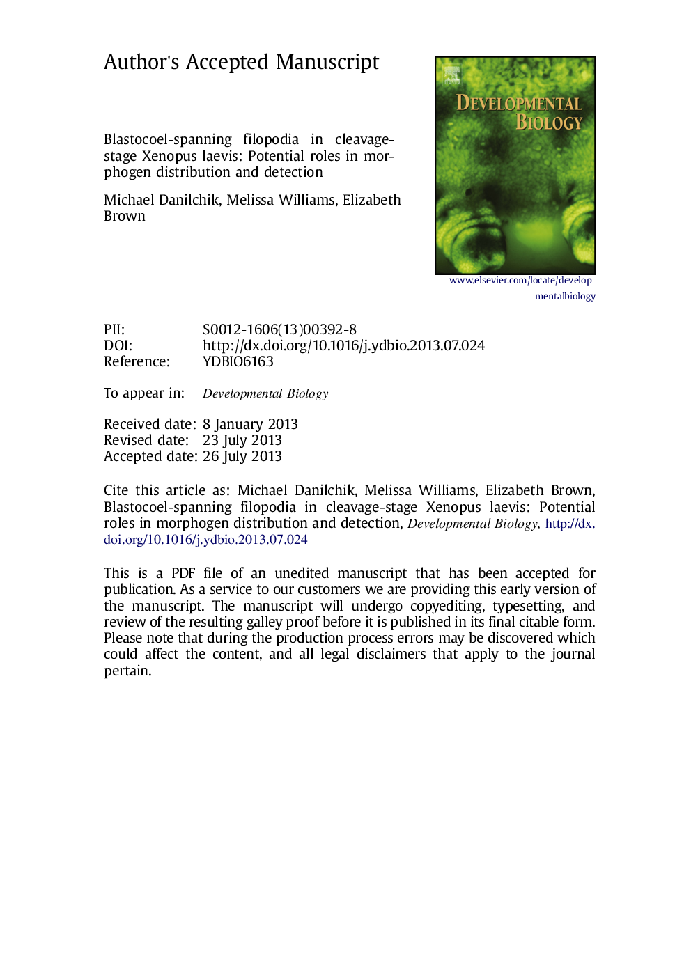 عکس صفحه اول مقاله: Blastocoel-spanning filopodia in cleavage-stage Xenopus laevis: Potential roles in morphogen distribution and detection Blastocoel-spanning filopodia in cleavage-stage Xenopus laevis: Potential roles in morphogen distribution and detection