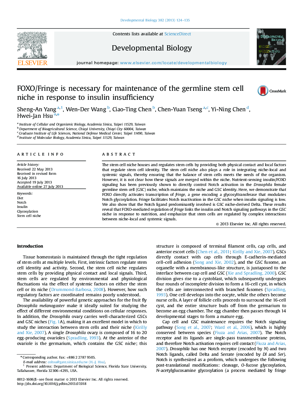 FOXO/Fringe is necessary for maintenance of the germline stem cell niche in response to insulin insufficiency