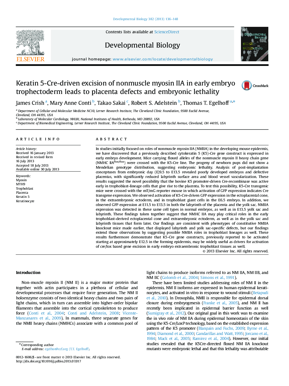 Keratin 5-Cre-driven excision of nonmuscle myosin IIA in early embryo trophectoderm leads to placenta defects and embryonic lethality