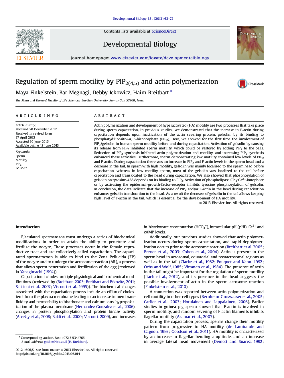 Regulation of sperm motility by PIP2(4,5) and actin polymerization