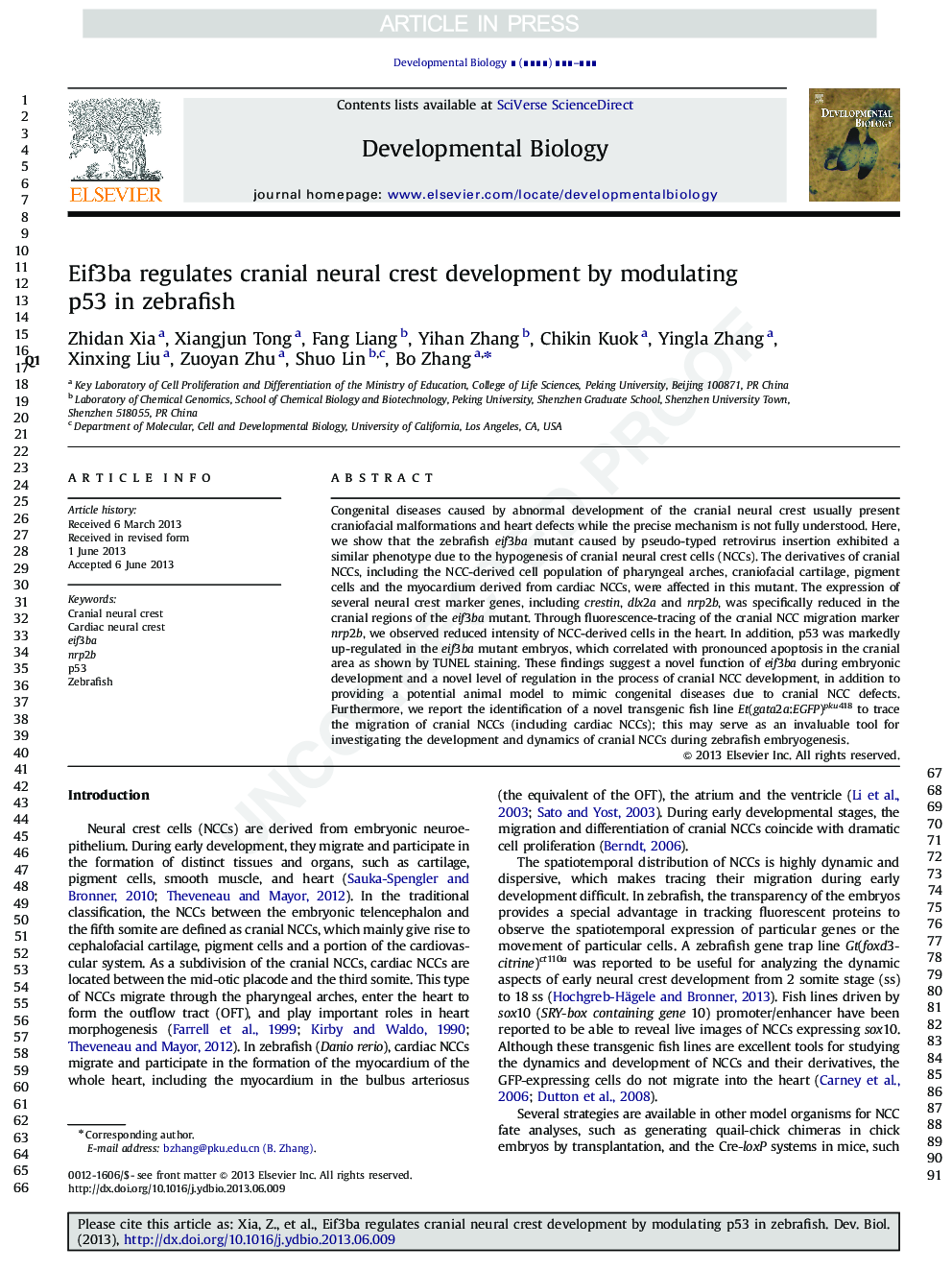 Eif3ba regulates cranial neural crest development by modulating p53 in zebrafish