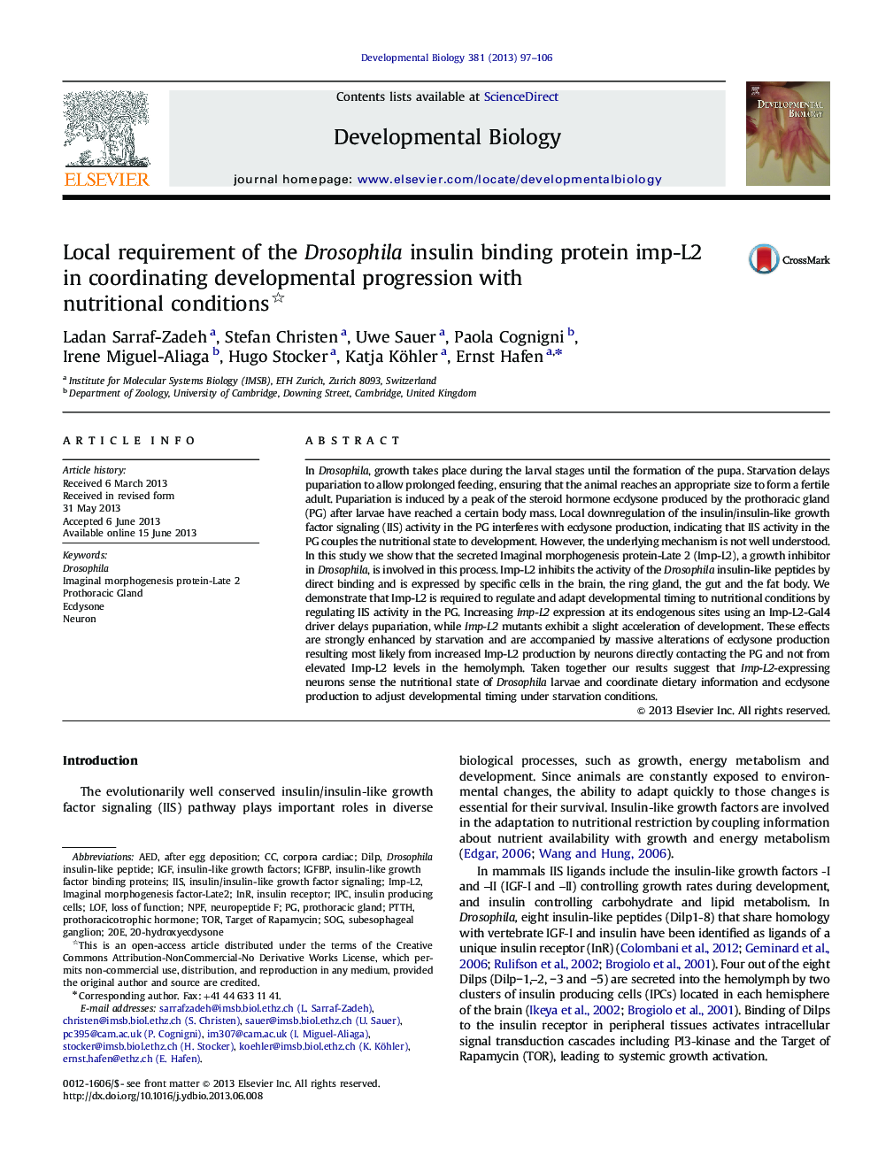 Local requirement of the Drosophila insulin binding protein imp-L2 in coordinating developmental progression with nutritional conditions